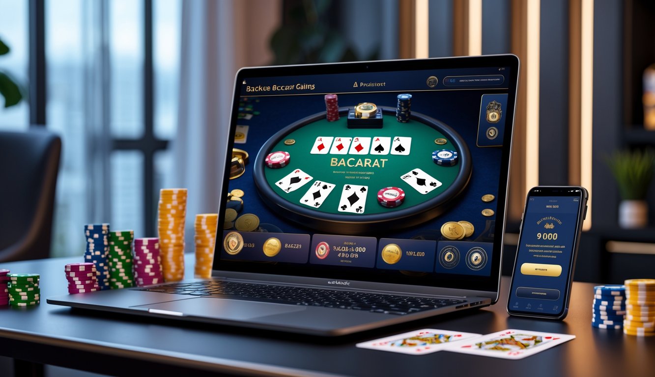 Seorang pemain sedang bermain baccarat online di depan komputer dengan chip dan kartu di meja, suasana nyaman dan fokus.