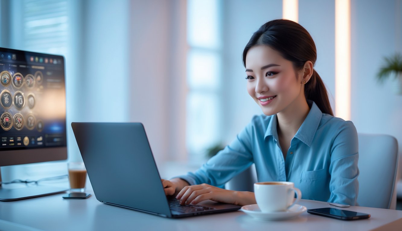 Seorang wanita muda tersenyum duduk di depan laptop dengan smartphone dan secangkir kopi di meja, di ruangan yang terang dan rapi.
