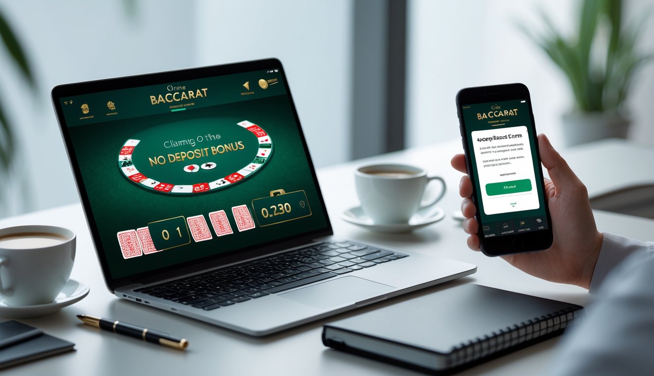 Meja kerja dengan laptop yang menampilkan permainan baccarat online dan ponsel yang menunjukkan notifikasi klaim bonus.