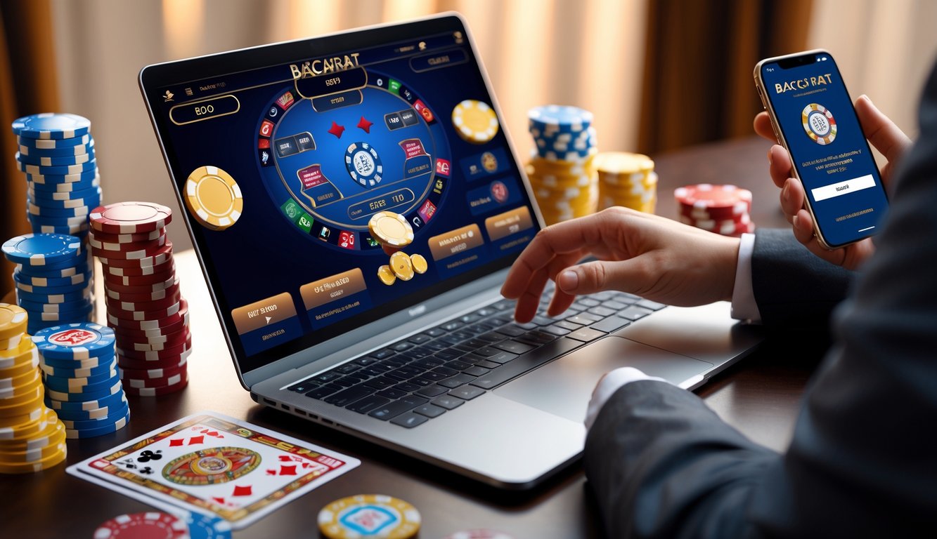Seseorang menggunakan laptop dan smartphone di meja dengan kartu remi dan tumpukan chip kasino, menunjukkan aktivitas permainan baccarat online.