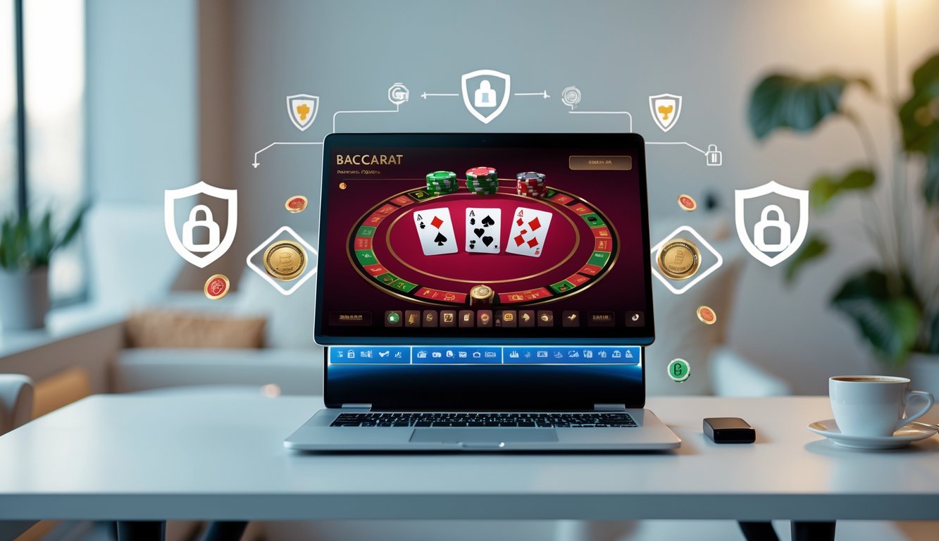 Seorang pengguna duduk di depan komputer yang menampilkan permainan baccarat online dengan suasana ruang kerja yang rapi dan nyaman.