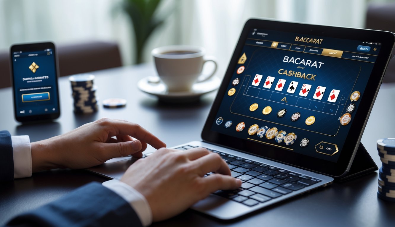 Seorang pemain menggunakan laptop untuk bermain Baccarat online dengan tumpukan chip dan ponsel yang menampilkan notifikasi bonus cashback di atas meja.