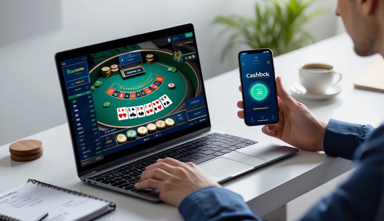 Seorang pemain menggunakan laptop dan ponsel untuk bermain baccarat online dengan notifikasi bonus cashback di layar.