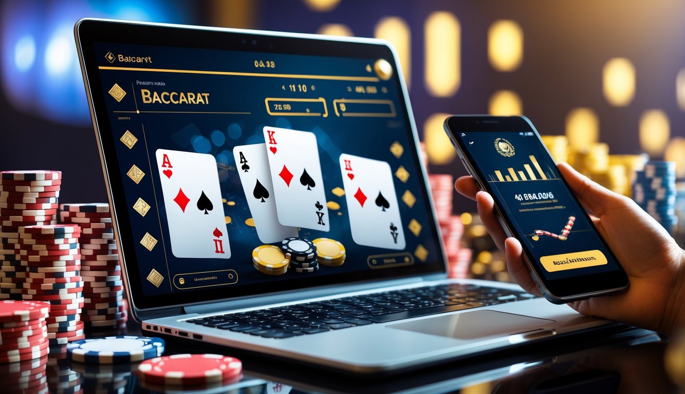 Seorang pengguna komputer dengan layar menampilkan permainan baccarat online dan tumpukan chip kasino di meja.