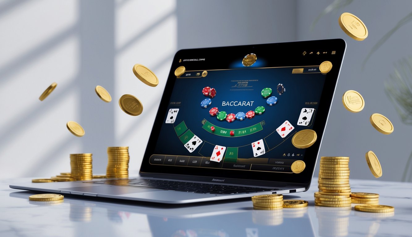 Seorang pengguna sedang bermain baccarat online di laptop dengan tumpukan chip dan koin di sekitarnya.