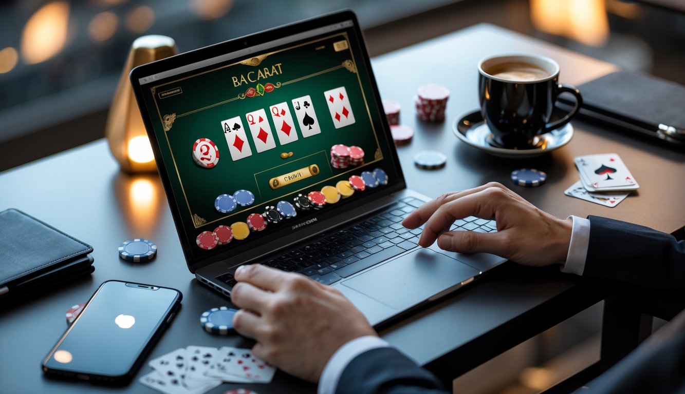 Meja kerja modern dengan laptop yang menampilkan permainan baccarat online, dikelilingi oleh aksesori seperti ponsel, kopi, dan buku catatan.