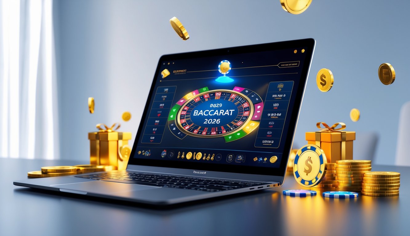 Sebuah laptop menampilkan permainan baccarat online dengan koin emas dan chip poker di sekitarnya.