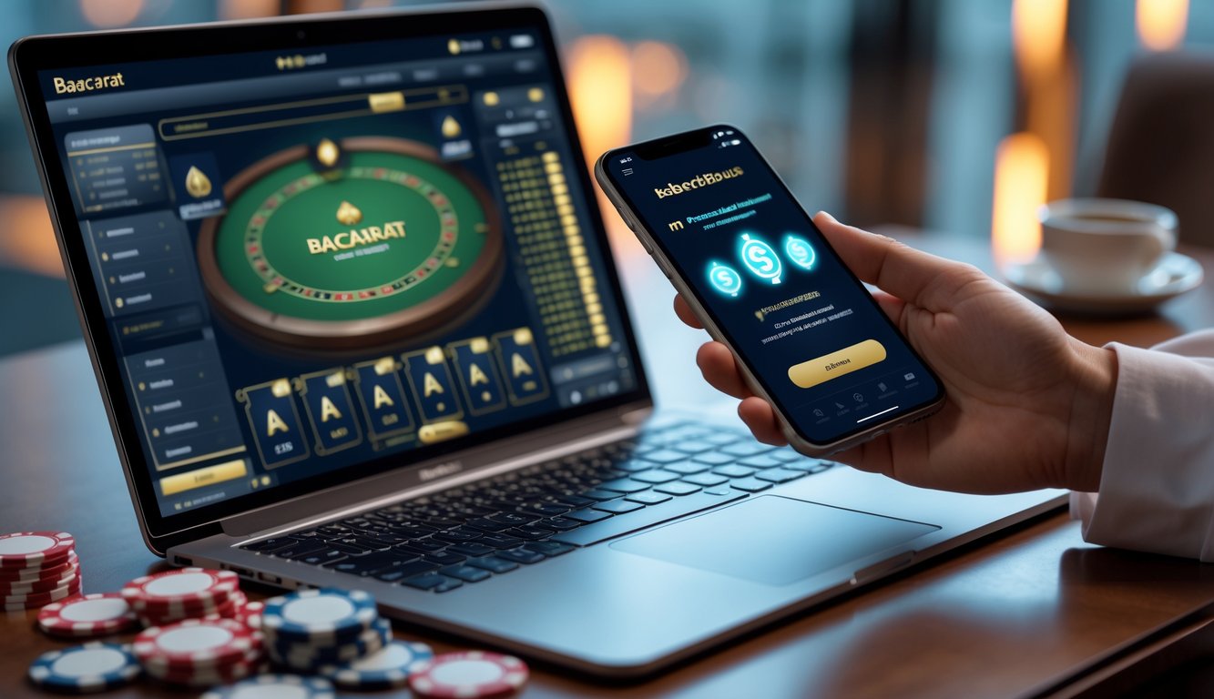 Seorang pengguna bekerja dengan laptop dan ponsel yang menampilkan permainan baccarat online dan notifikasi bonus referral di meja dengan chip poker dan kartu remi.