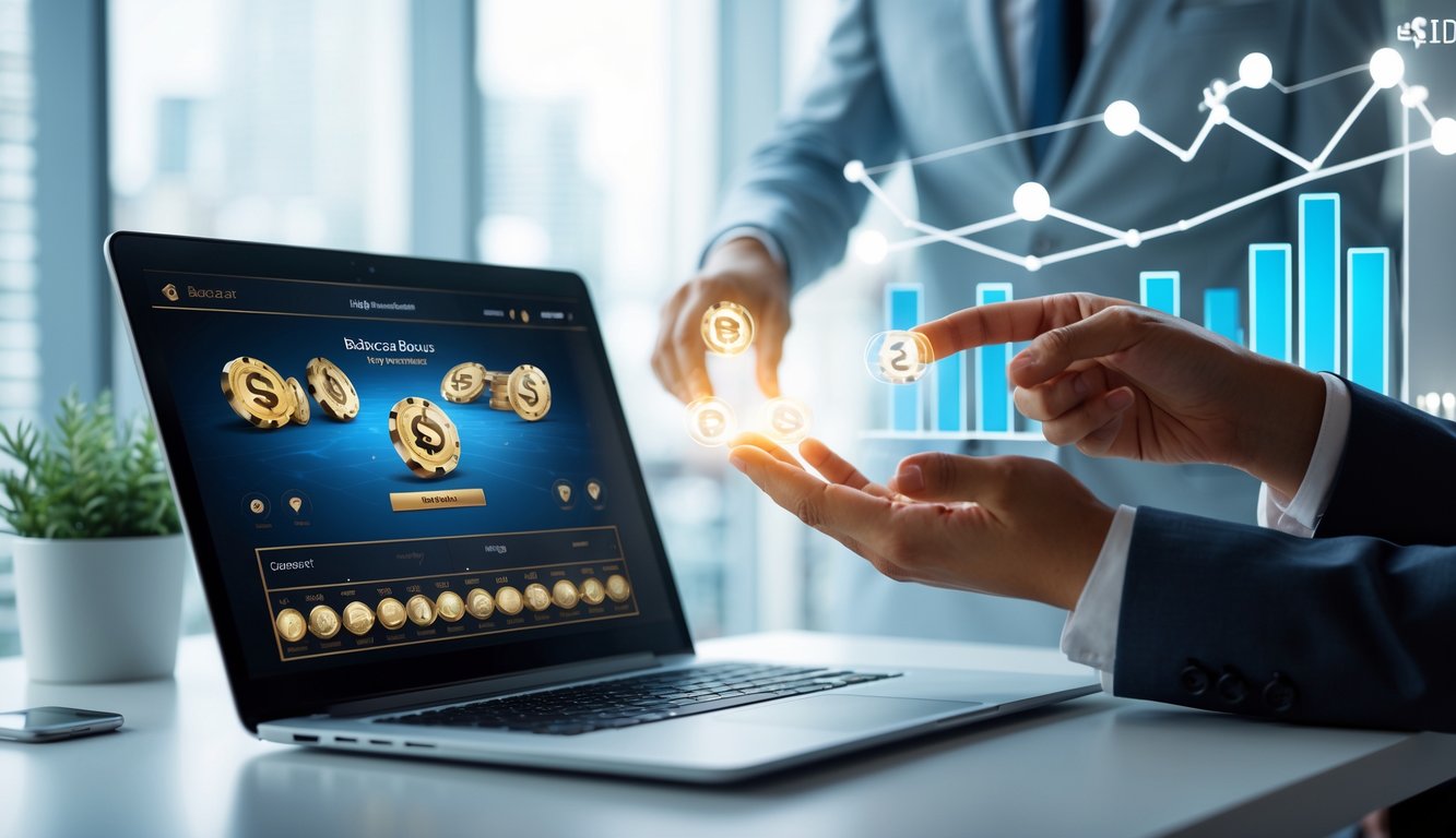 Meja kerja dengan laptop yang menampilkan permainan baccarat online dan tangan yang saling bertukar tautan digital sebagai simbol bonus referral.