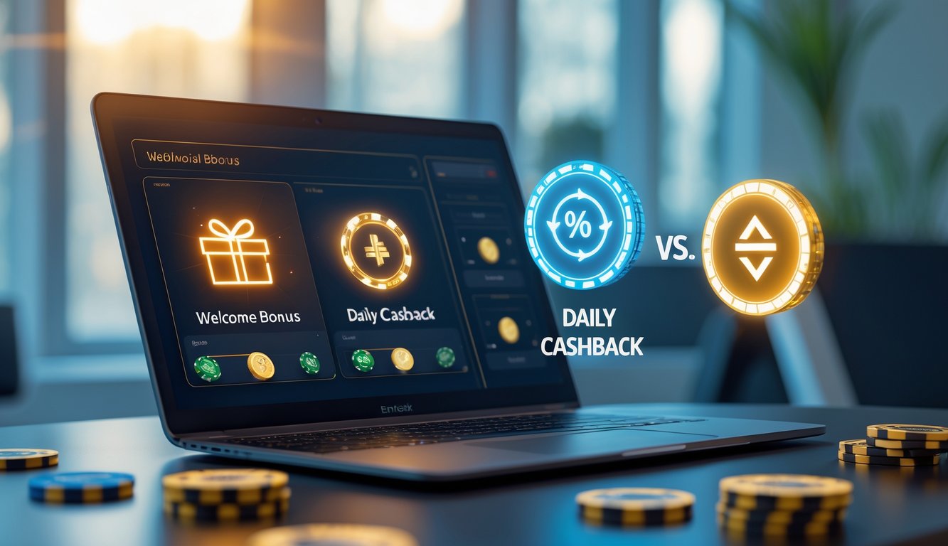 Sebuah laptop menampilkan permainan baccarat online dengan ikon hadiah di satu sisi dan ikon cashback di sisi lain, di latar belakang terdapat kartu remi dan chip poker.