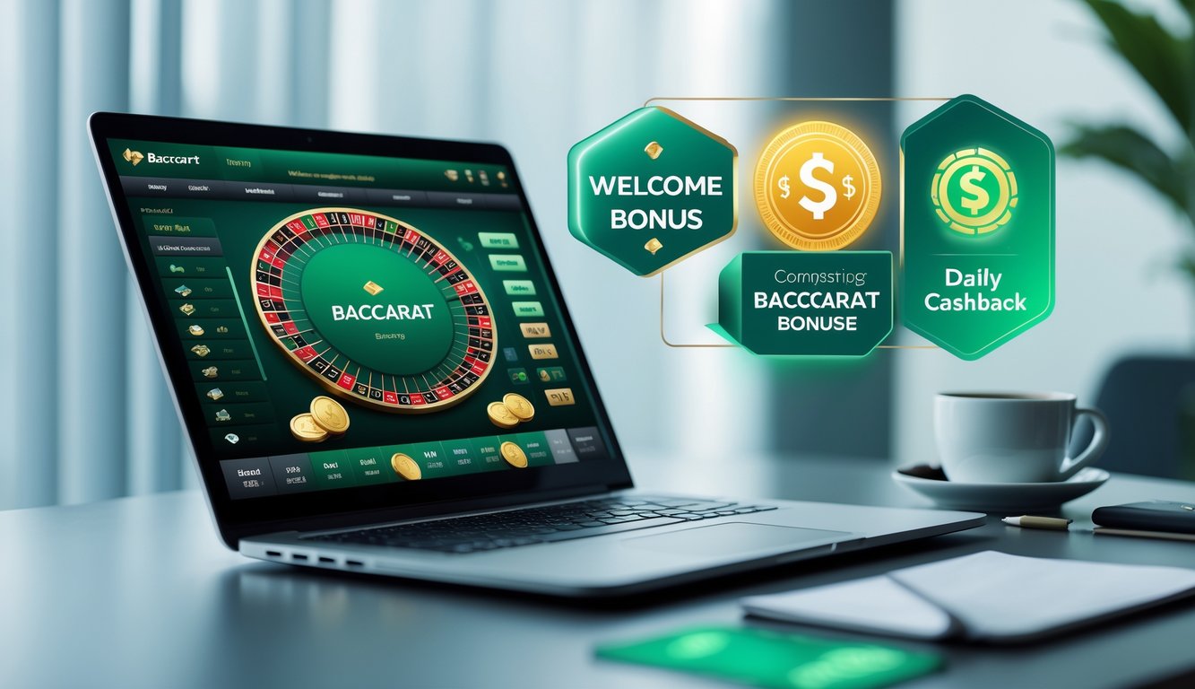 Seorang profesional sedang menggunakan laptop yang menampilkan permainan Baccarat online dengan ikon bonus sambutan dan cashback harian di meja kerja yang rapi.