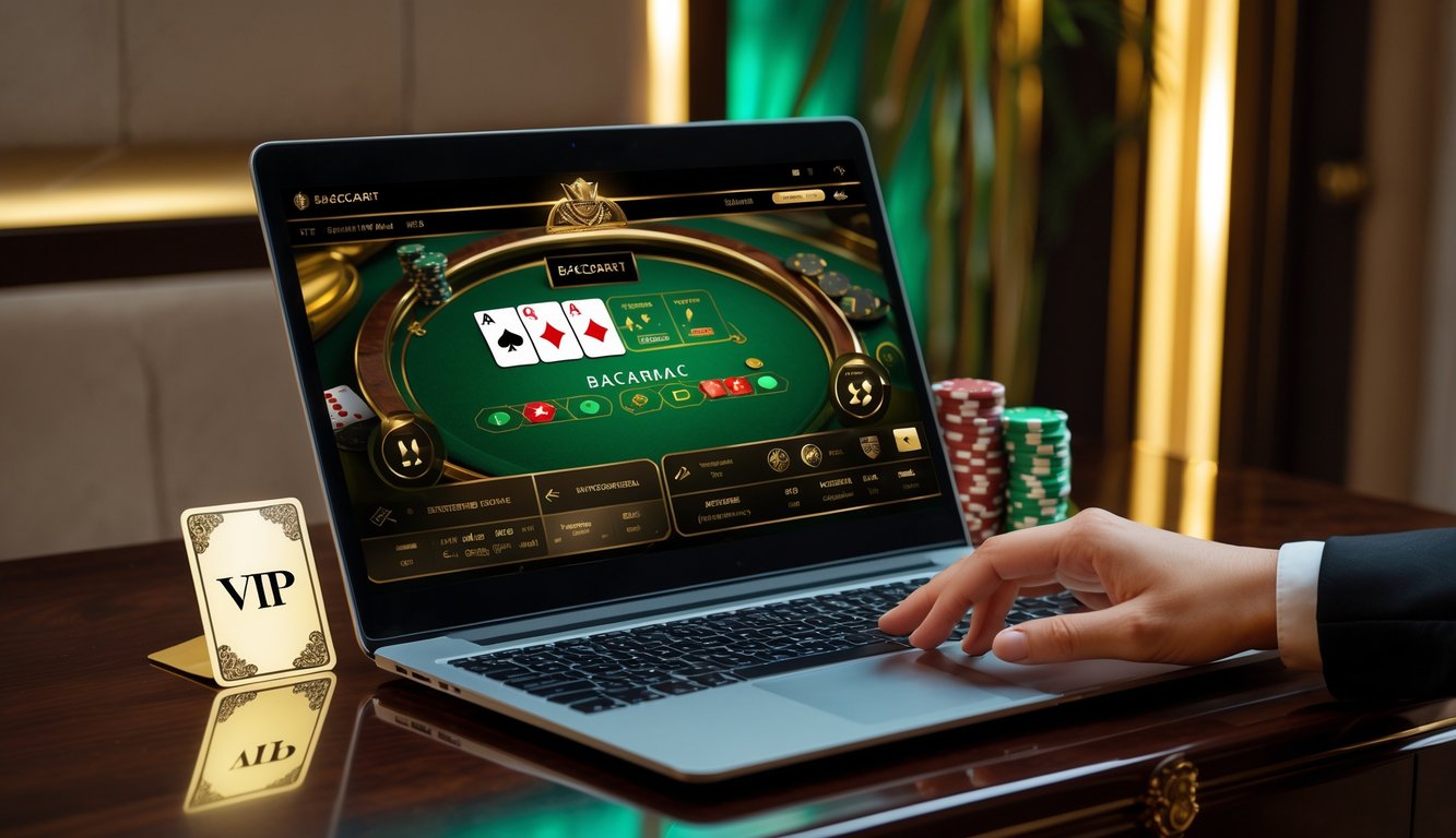 Sebuah laptop di atas meja kayu dengan layar menampilkan permainan baccarat online dan kartu VIP di sampingnya, dengan tangan seseorang yang sedang menjangkau laptop.