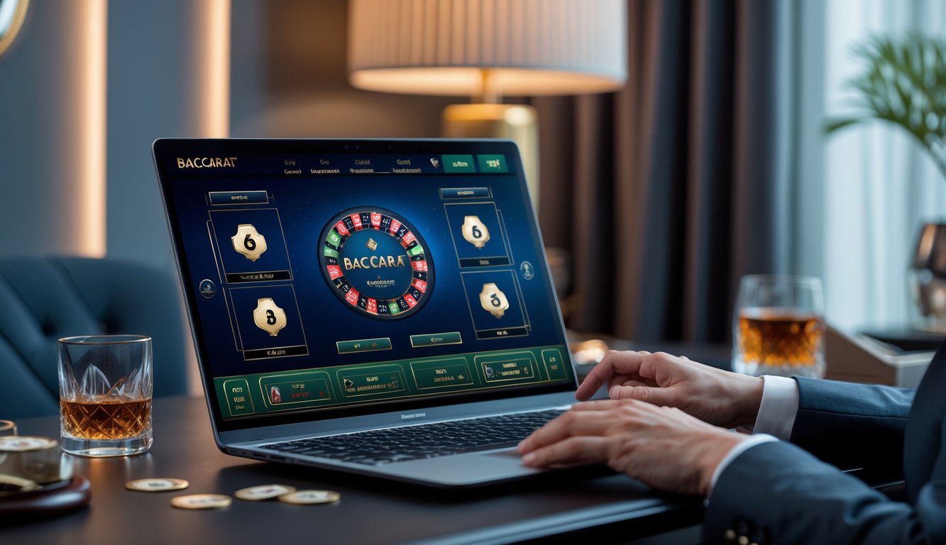 Seorang pria memakai pakaian kasual rapi sedang menggunakan laptop dengan tampilan permainan baccarat online di meja kerja yang rapi dan pencahayaan hangat.