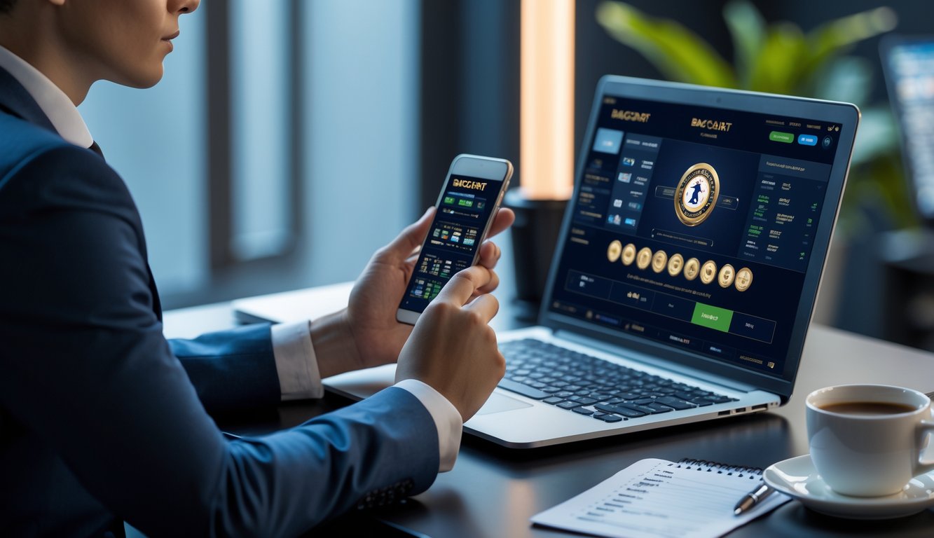 Seorang individu duduk di depan laptop dengan tampilan permainan baccarat online, memegang ponsel dan terlihat fokus dalam suasana kerja yang rapi.