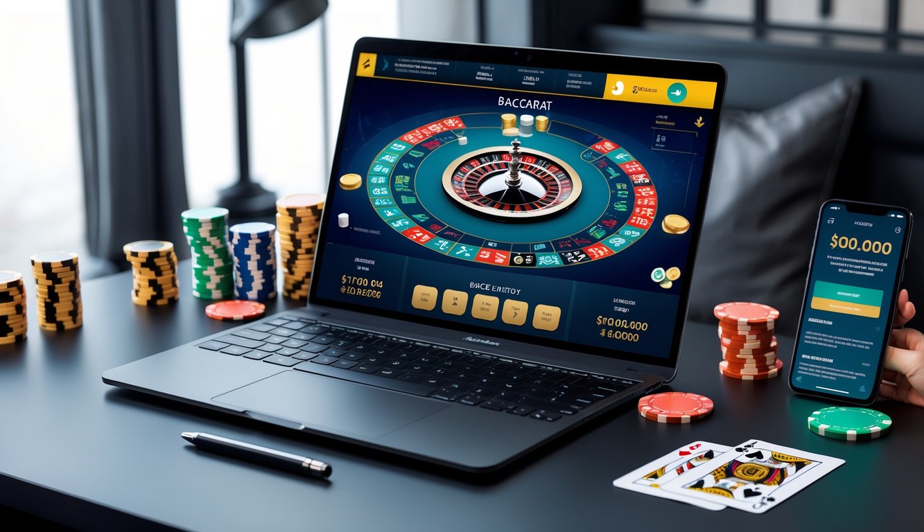 Seorang pemain menggunakan laptop dengan tampilan permainan baccarat online, dikelilingi chip kasino dan kartu remi di meja kerja yang rapi.