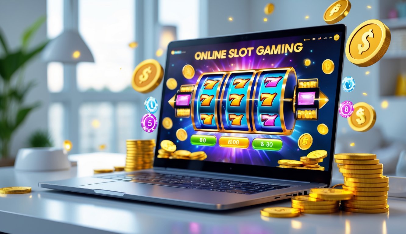 Seorang pengguna bermain mesin slot online di komputer dengan koin emas dan simbol bonus di sekitarnya.