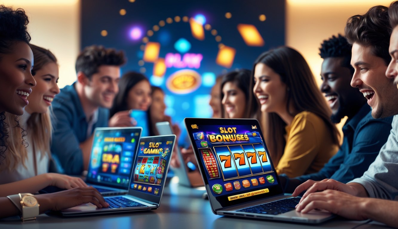 Sekelompok orang muda bermain game slot online dengan perangkat digital di ruangan yang terang dan modern.