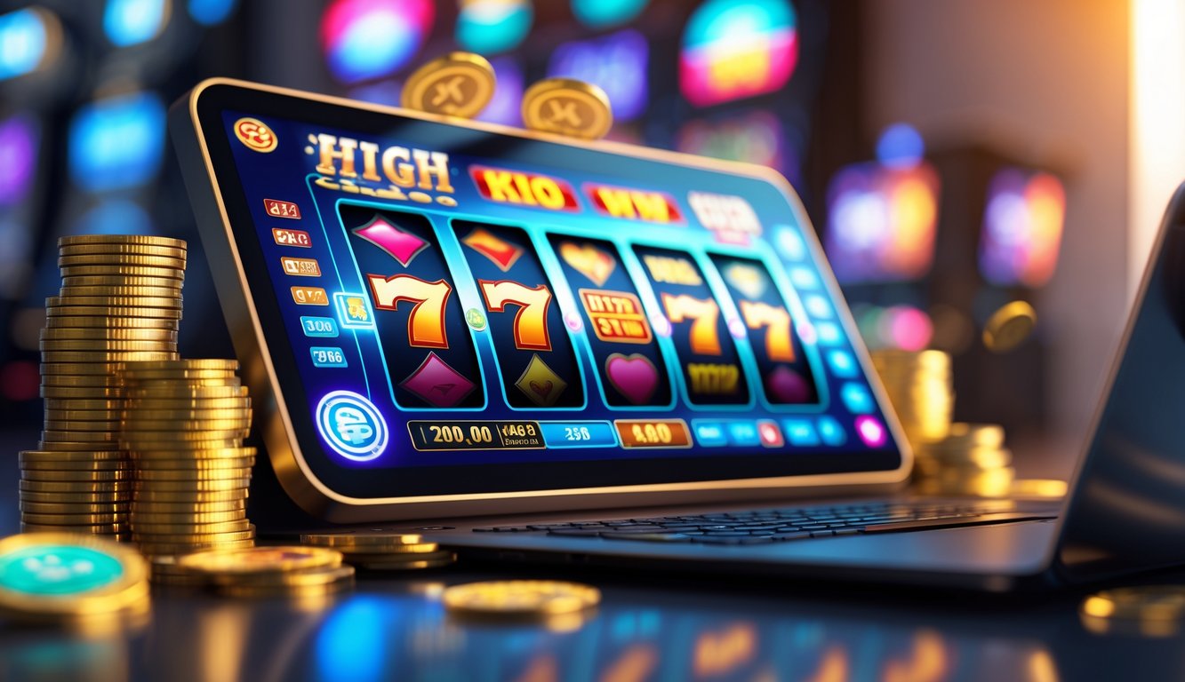 Layar perangkat dengan permainan mesin slot berwarna cerah, dikelilingi oleh tumpukan koin emas dan chip kasino.