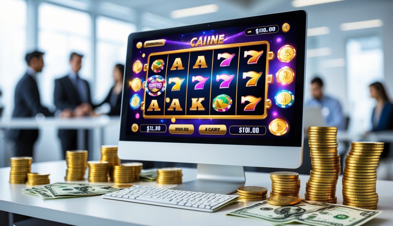 Layar komputer menampilkan permainan slot online yang berwarna-warni dengan koin emas dan chip poker di meja, di ruangan kantor yang terang dan profesional.