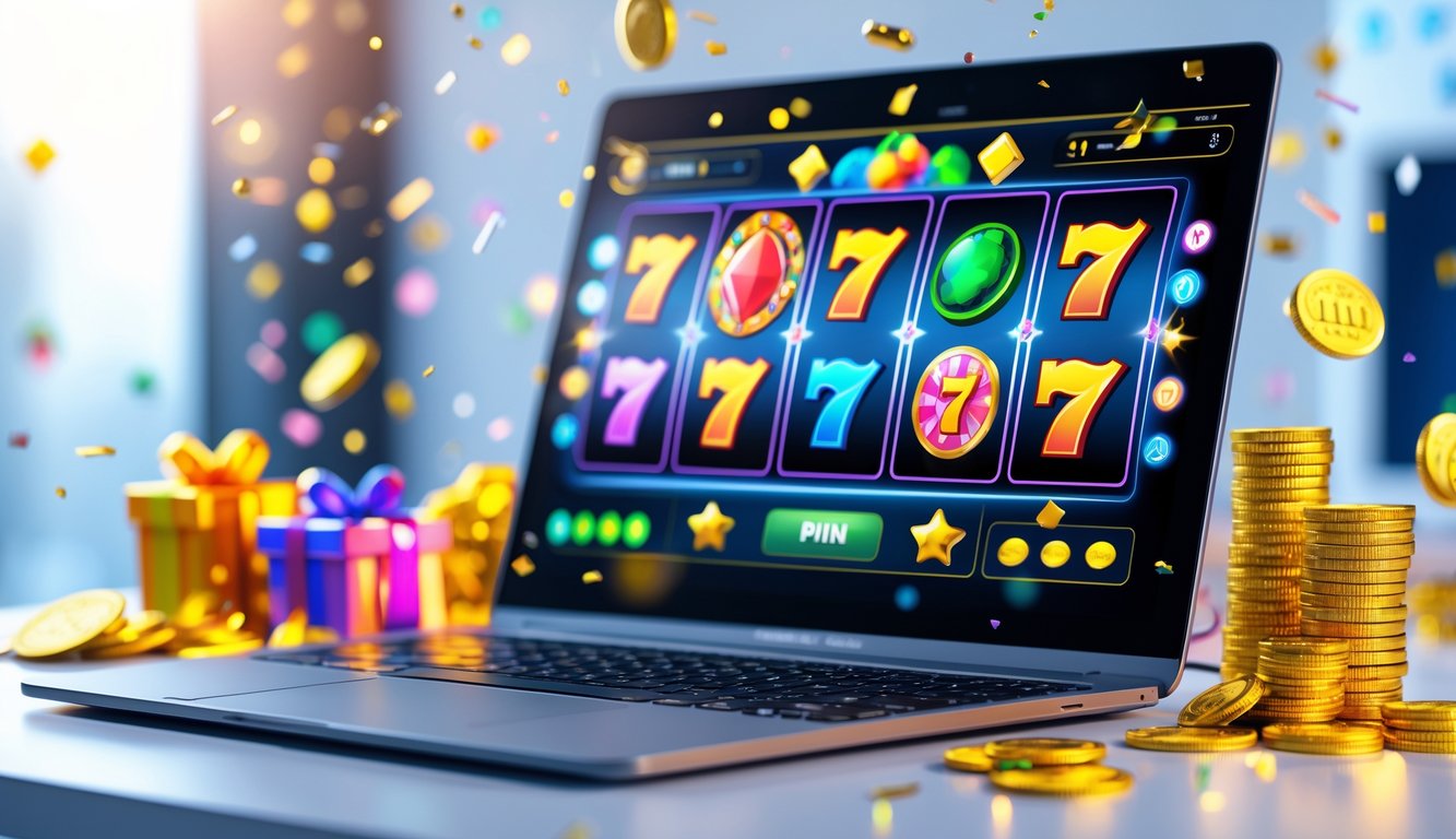 Sebuah perangkat komputer menampilkan permainan mesin slot dengan koin emas dan chip di sekitarnya, menggambarkan suasana permainan slot online yang menarik dan penuh kemenangan.