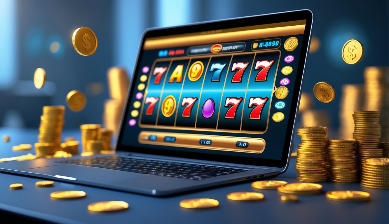 Layar komputer menampilkan permainan mesin slot online dengan simbol warna-warni dan koin emas di sekitarnya.