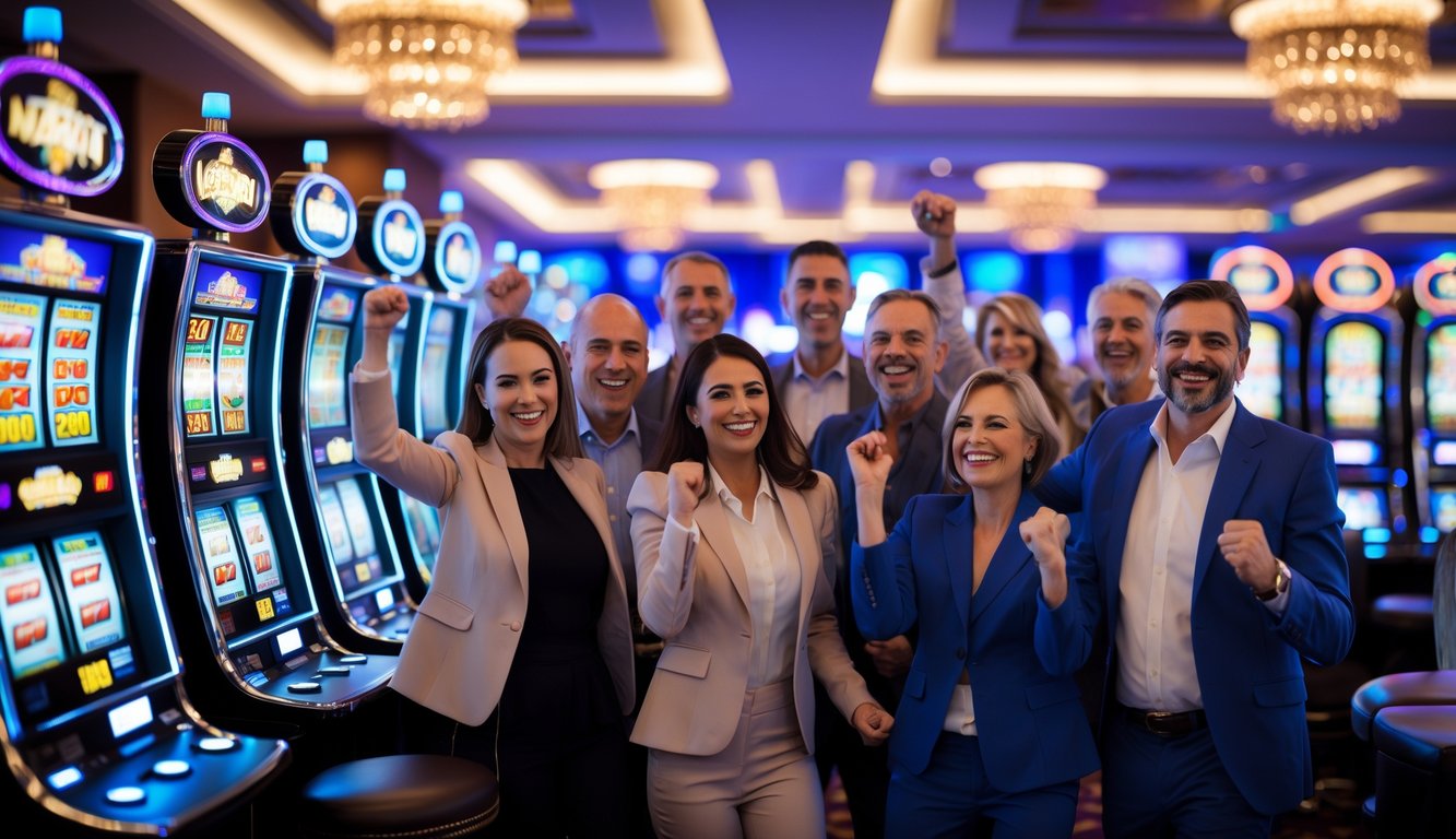 Orang-orang bahagia bermain mesin slot di kasino dengan suasana cerah dan penuh semangat.
