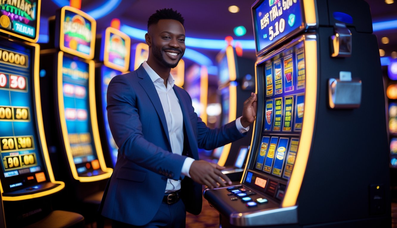 Seseorang yang percaya diri sedang bermain mesin slot di kasino dengan suasana cerah dan mesin slot berwarna-warni di latar belakang.