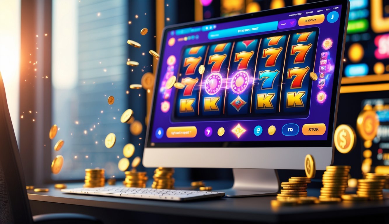 Sebuah komputer menampilkan permainan mesin slot berwarna-warni dengan koin dan lampu yang bersinar di sekitarnya, menciptakan suasana kasino online yang menarik.