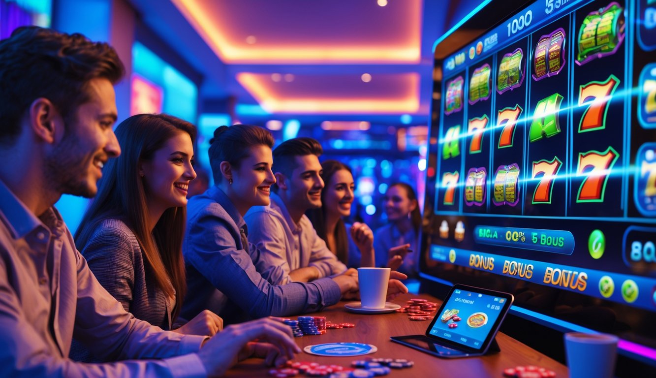 Sekelompok orang muda sedang bermain mesin slot digital di ruang santai yang modern dengan layar besar dan suasana yang cerah.