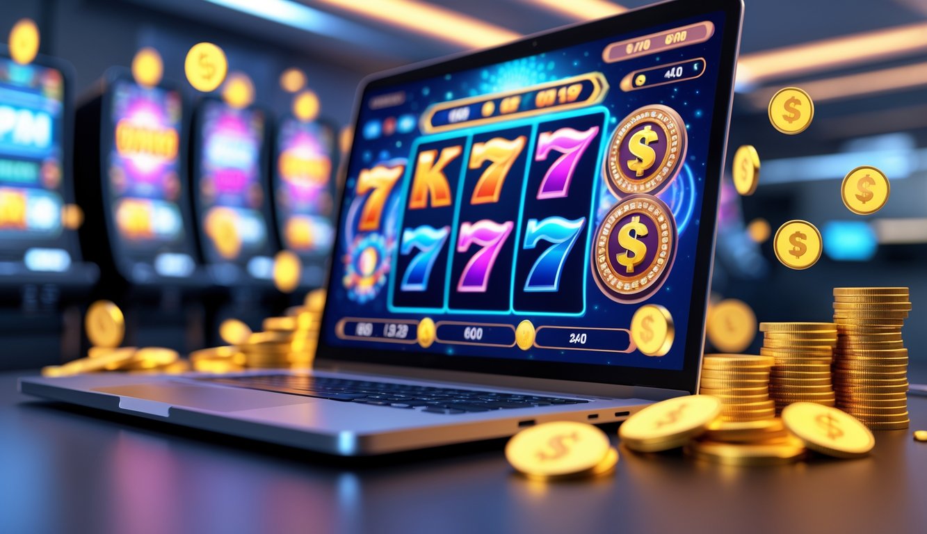 Layar komputer menampilkan permainan slot online dengan simbol putaran gratis dan koin cashback di sekitarnya.