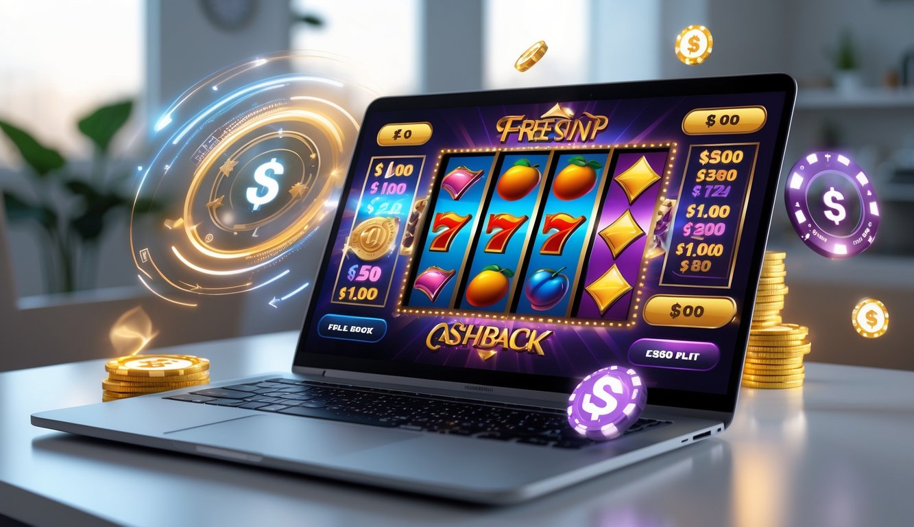 Seseorang menggunakan laptop dengan tampilan permainan slot online berwarna-warni, dikelilingi ikon yang menunjukkan bonus putaran gratis dan cashback.