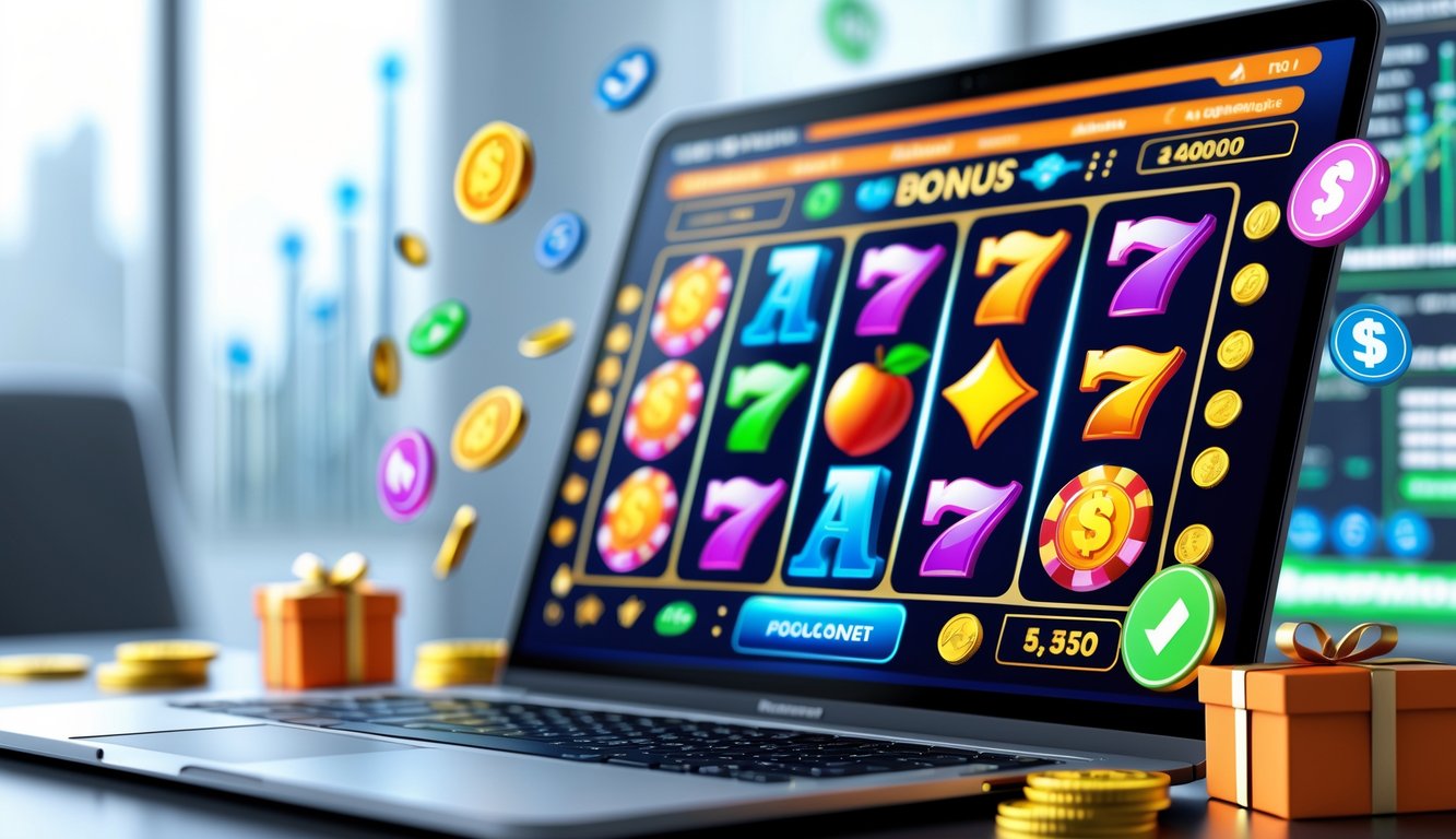 Layar komputer menampilkan mesin slot berwarna-warni dengan simbol keberuntungan, dikelilingi ikon koin dan hadiah di latar belakang kantor yang terang.