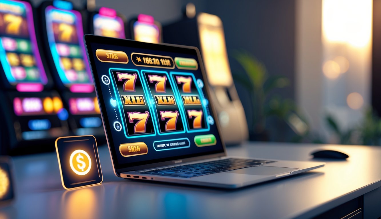 Seorang pengguna sedang bermain mesin slot online di komputer dengan latar belakang suasana hangat dan elemen digital yang menunjukkan bonus dan referral.