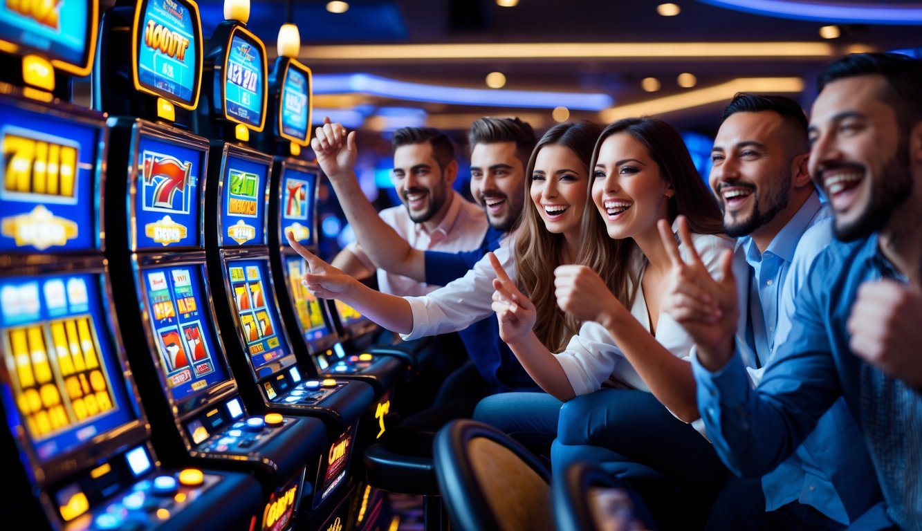 Orang-orang bermain mesin slot di dalam kasino dengan suasana ceria dan penuh semangat.