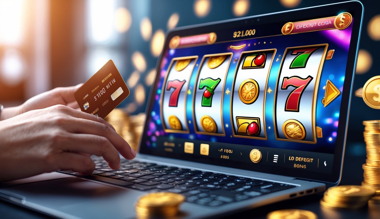 Seorang pemain menggunakan perangkat digital dengan tampilan mesin slot berwarna-warni dan simbol keberuntungan di layar.