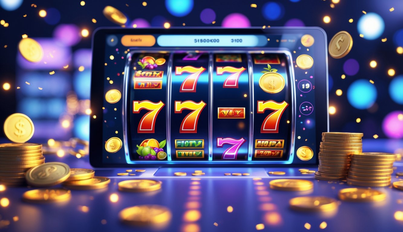 Tampilan mesin slot digital berwarna cerah dengan koin emas dan cahaya perayaan di latar belakang.