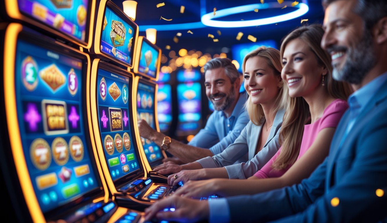 Beberapa orang sedang bermain mesin slot digital yang berwarna-warni di sebuah kasino modern dengan suasana ceria dan penuh semangat.