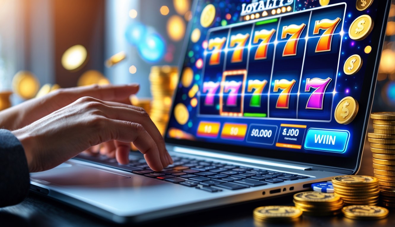 Tangan seseorang menggunakan laptop dengan tampilan permainan slot online yang berwarna-warni dan koin emas serta chip poker di sekitar layar.