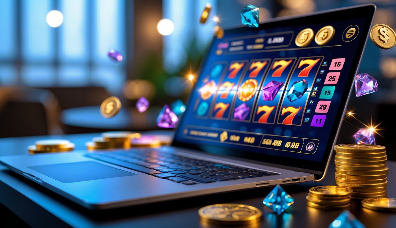 Tampilan layar komputer dengan permainan slot online berwarna-warni, dikelilingi koin emas dan ikon bonus di ruangan yang modern dan terang.