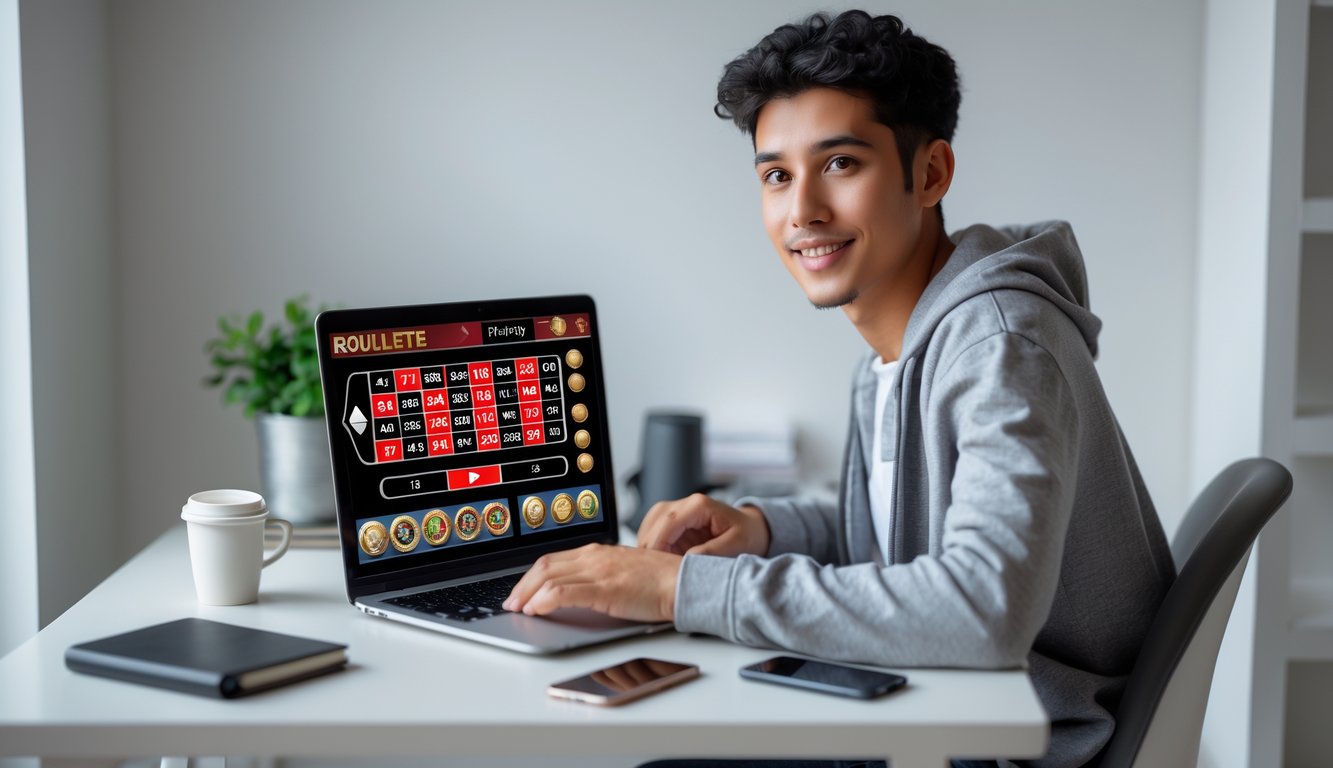 Seorang pemula sedang bermain roulette online di laptop dengan suasana santai di rumah.