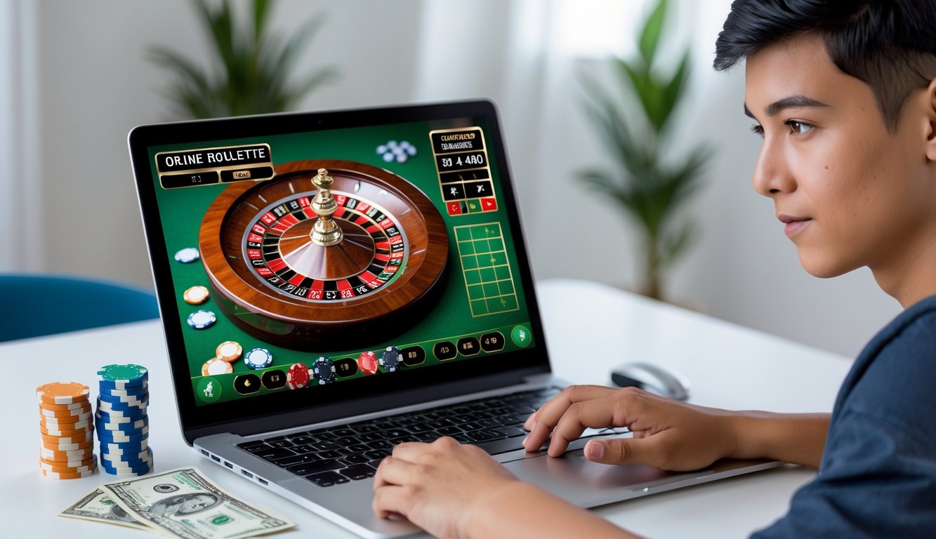 Seorang dewasa muda duduk di depan laptop yang menampilkan permainan roulette online dengan chip taruhan di meja, di lingkungan rumah yang terang.