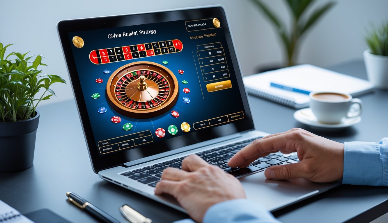 Seorang pengguna laptop sedang bermain roulette online dengan taruhan kecil di meja kerja yang rapi dan terang.