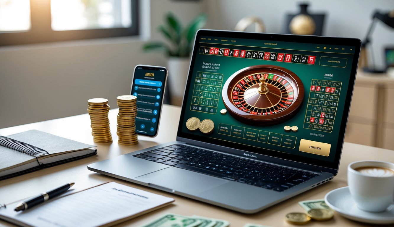 Seorang pria duduk di depan laptop dengan tampilan roda roulette digital, di meja terdapat uang Rupiah, ponsel, dan alat tulis, suasana ruang kerja yang rapi dan terang.