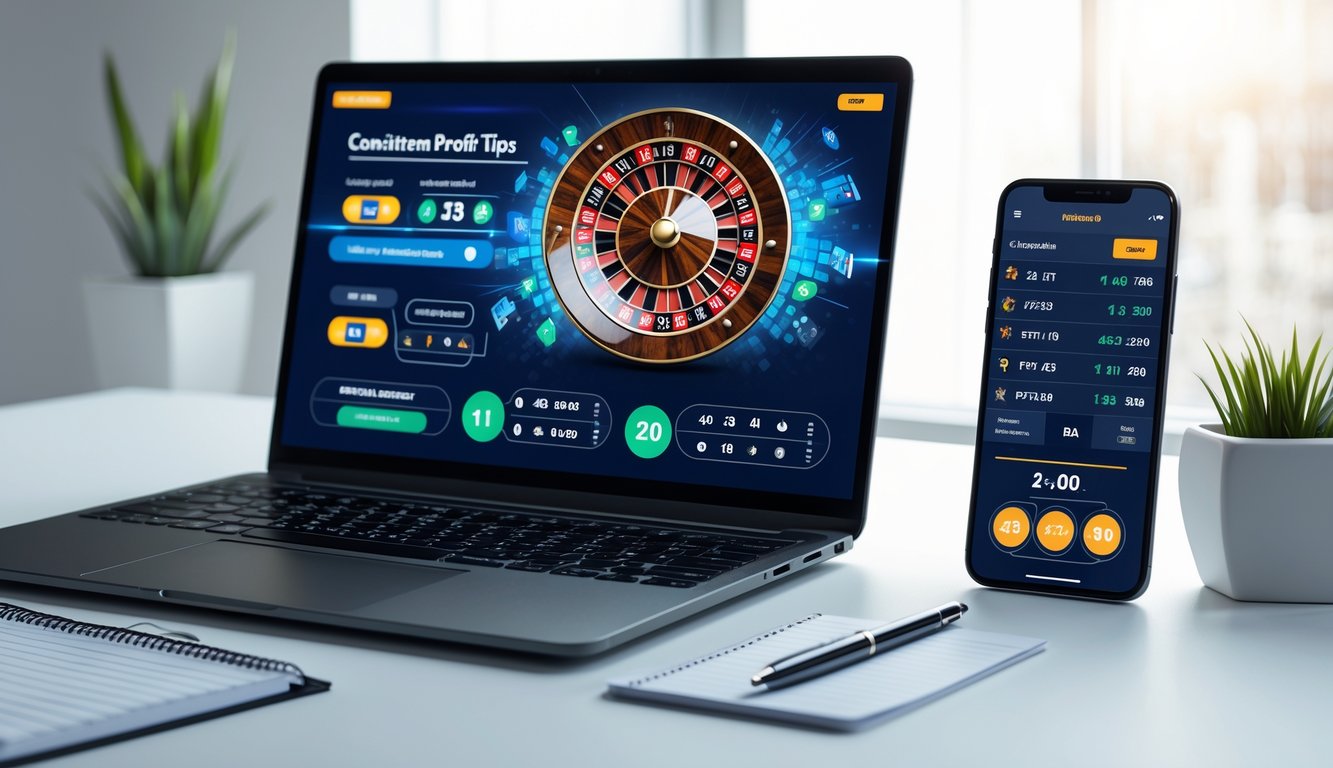 Sebuah meja kerja dengan laptop menampilkan roda roulette online, ponsel dengan aplikasi taruhan, dan catatan strategi di atas meja.