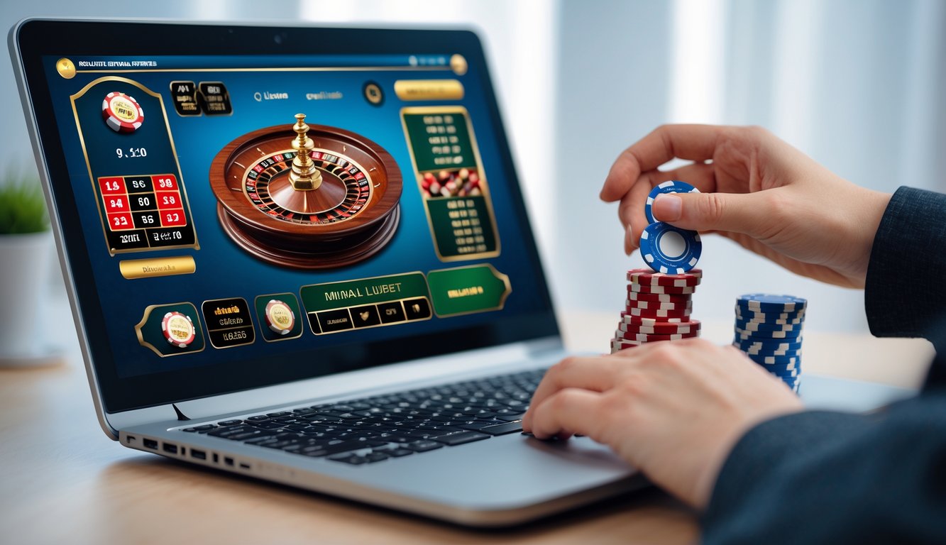 Seseorang bermain roulette online dengan laptop, memegang chip taruhan kecil di tangan, menunjukkan strategi bermain dengan modal minim.