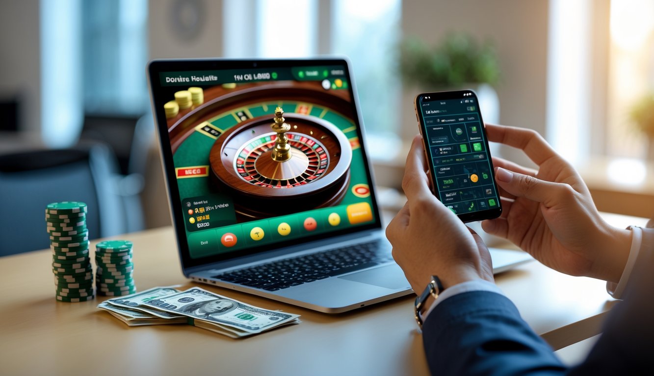 Seseorang sedang bermain roulette online di laptop dengan tumpukan chip kecil dan ponsel di meja, di ruang kerja yang rapi.