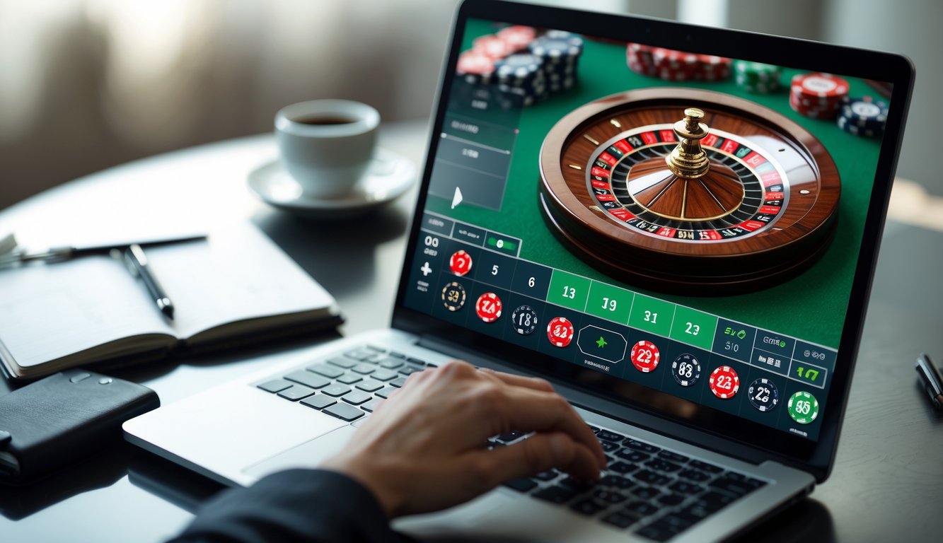 Seseorang menggunakan komputer dengan tampilan roda roulette digital dan beberapa chip taruhan kecil di meja.