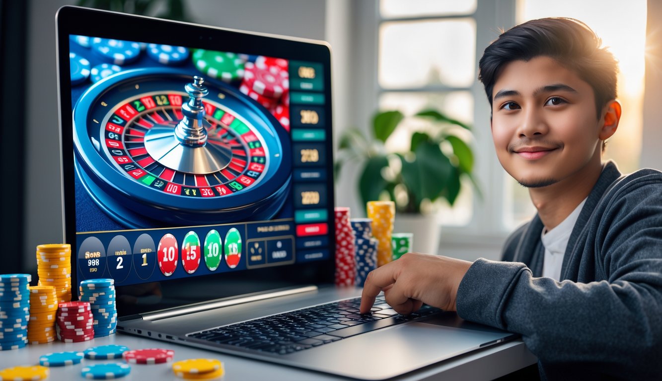 Seorang pemuda duduk di depan laptop dengan layar menampilkan roda roulette online dan tumpukan chip kecil di meja, di ruangan yang terang dan nyaman.