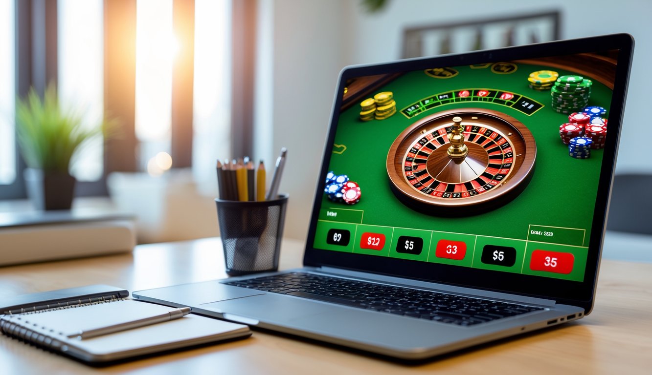 Seorang pemula bermain roulette online di depan komputer dengan chip kecil dan suasana belajar yang tenang.