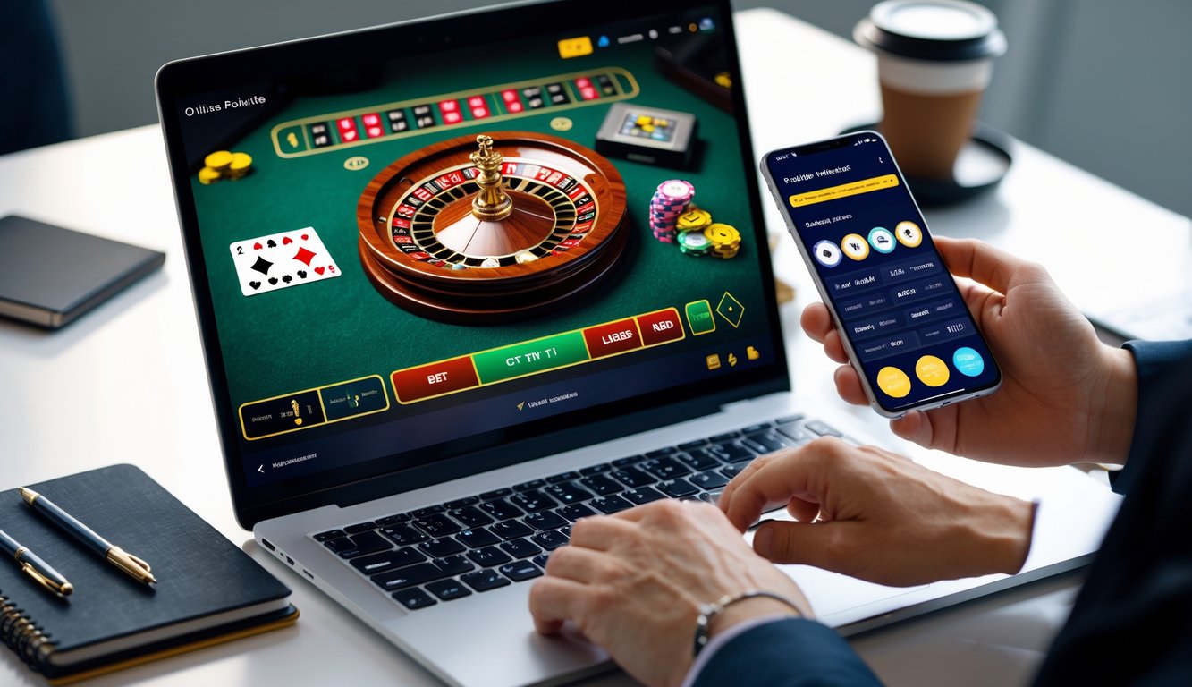 Seseorang menggunakan laptop dan ponsel untuk bermain roulette online di meja kerja dengan alat tulis dan secangkir kopi.